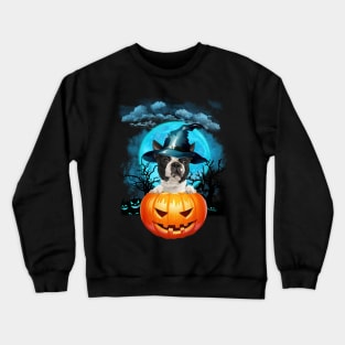 Boston Terrier Witch Hat Pumpkin And Blue Moon Halloween Crewneck Sweatshirt